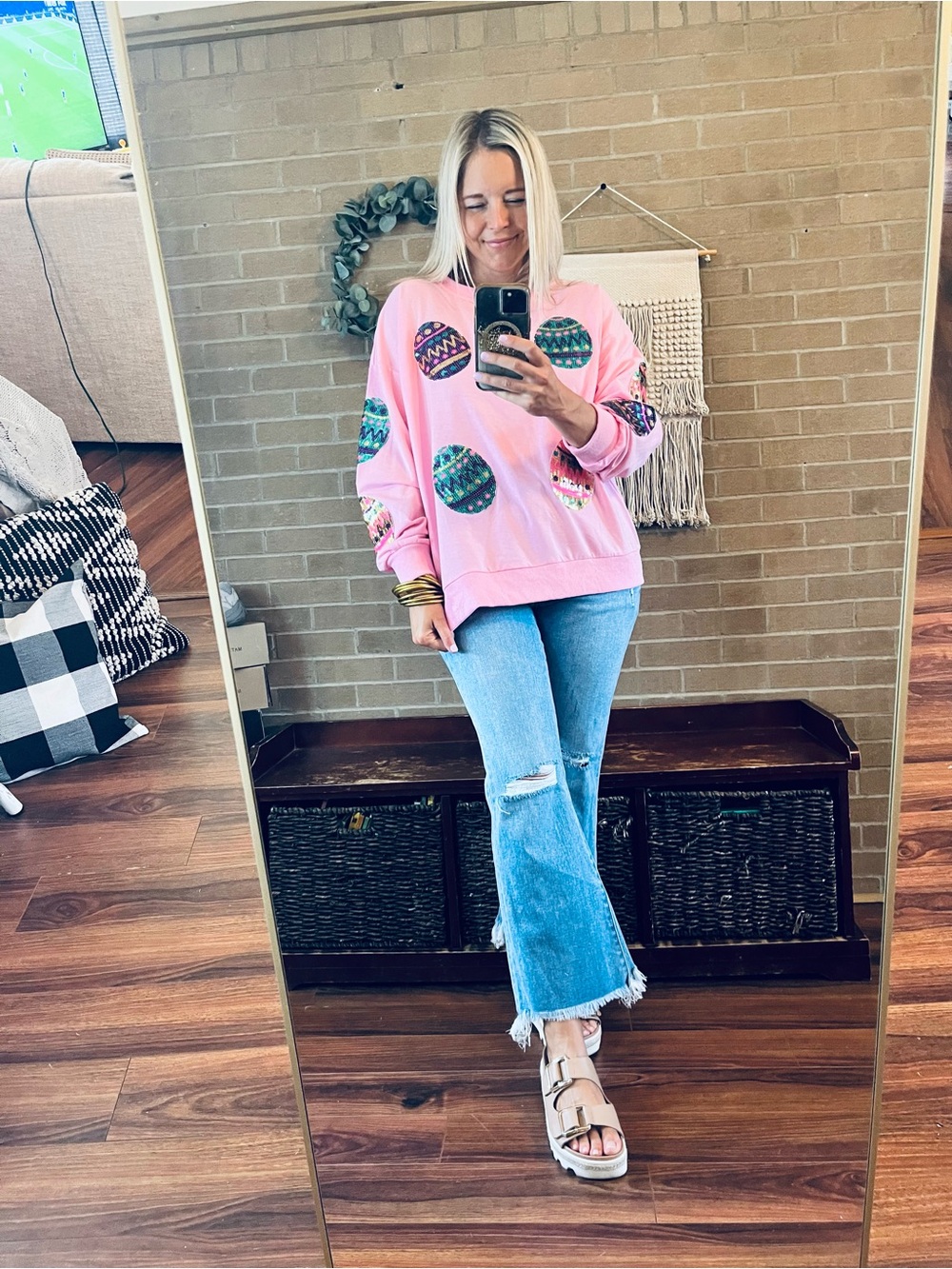 Pink Sequin Egg Crewneck Sweater